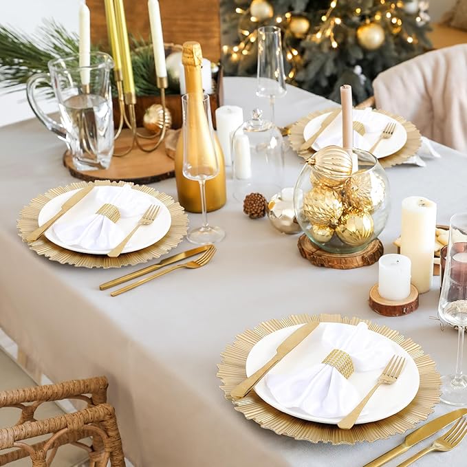 Mifoci 50 Pcs Champagne Gold Charger Plates Bulk 13 Inch Plastic Round Chargers Fluted Edge Dinner Plate Wedding Decoration for Table Setting Wedding Party Event Tabletop