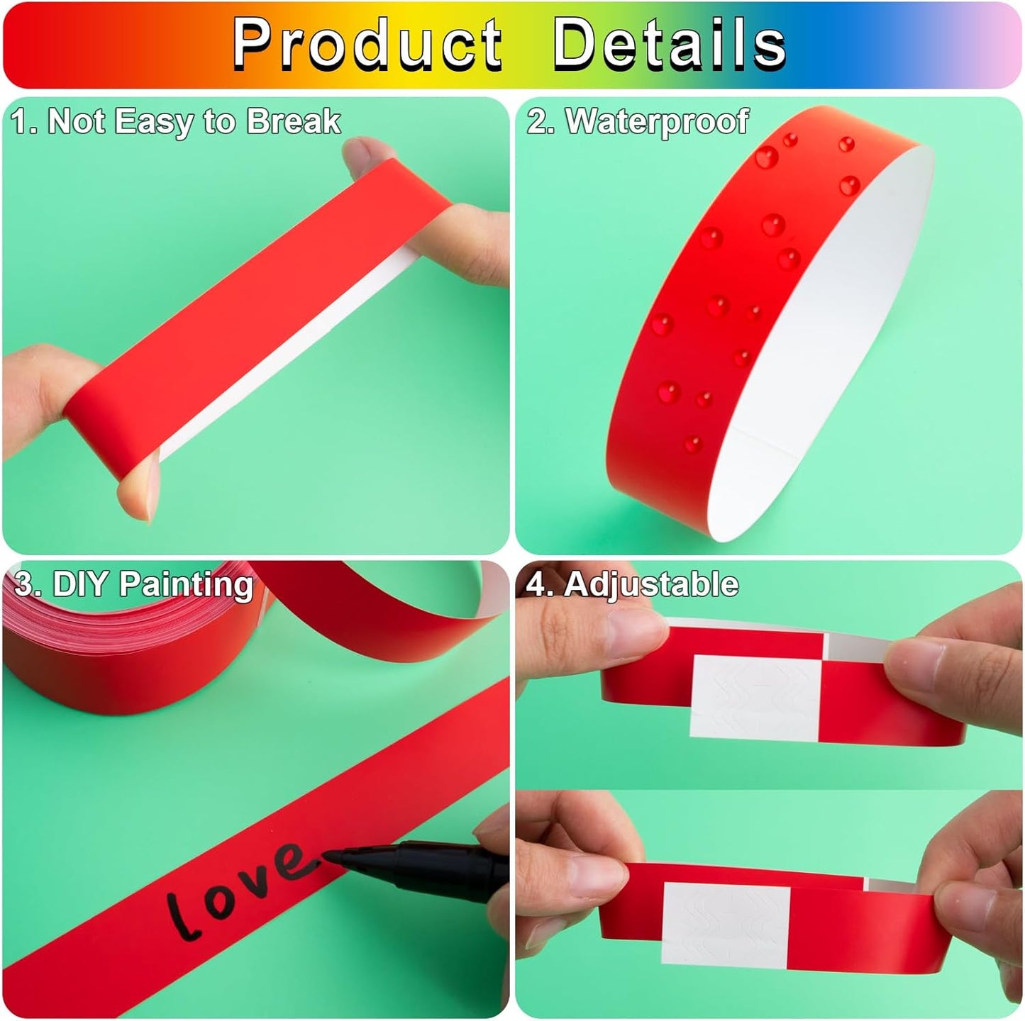 1200 Pcs Plastic Paper Wristbands for Events Neon Color Wrist Bands Concert Identification Wristbands Paper Bracelets Wristbands Party Hand Bands (Red)
