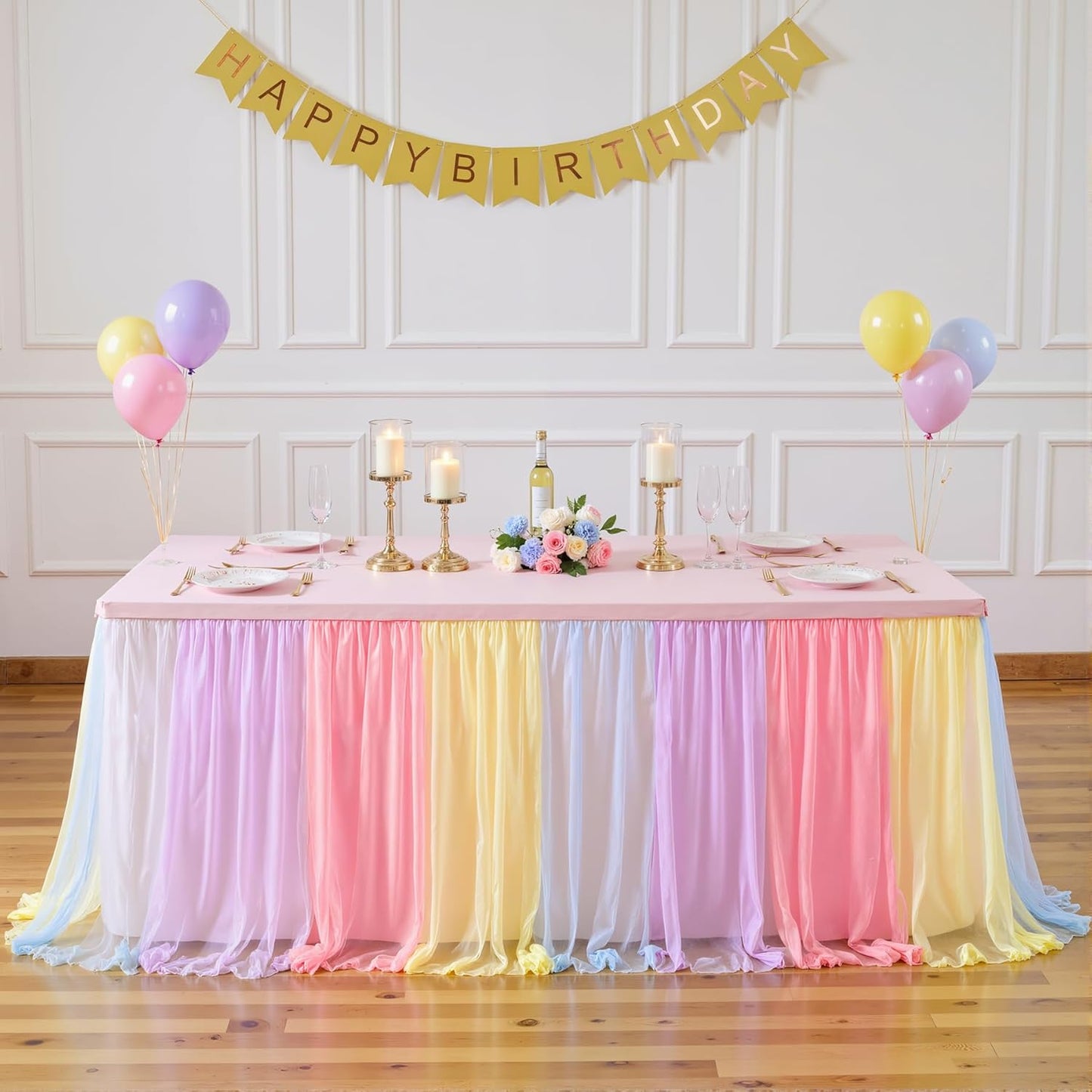Rainbow Tulle Birthday Party Tablecloth for 6 Foot Rectangular Tables 6ft Rectangle Rainbow Table Cloths for Parties Wrinkle Free Table Cover with Tutu Skirt for Baby Shower Girls Banquet Buffet Cake