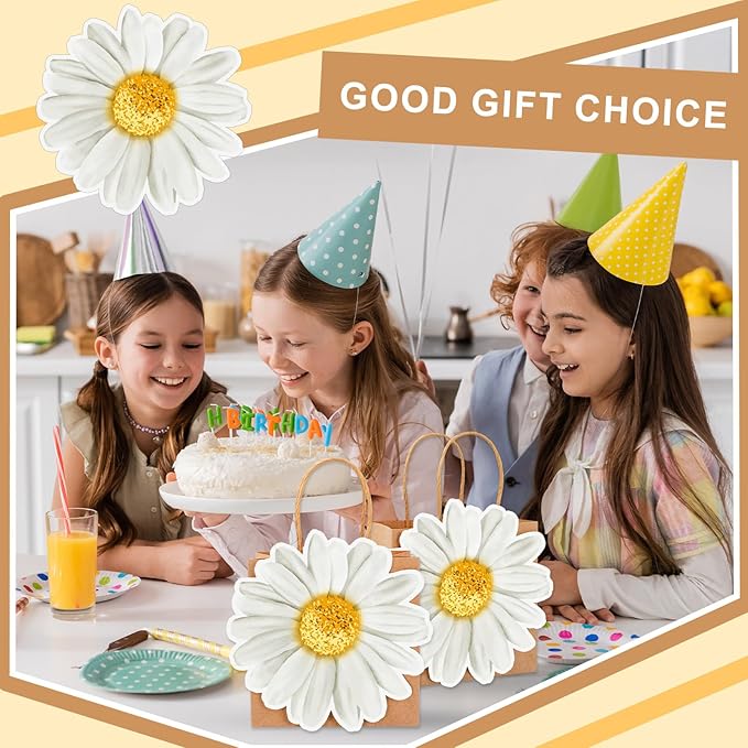 FYSUIMU 24 Pcs Daisy Kraft Paper Gift Bags with Handle Daisy Flower Party Favor Bags Cute Floral Goodie Candy Treat Bag for Spring Summer Mother's Day Wedding Birthday Bridal Shower