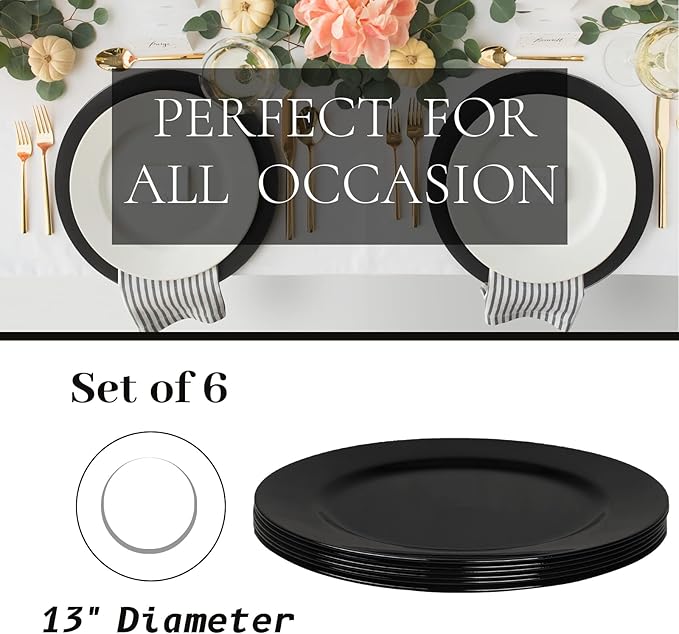 MAONAME Black Charger Plates Set of 6, 13-Inch Round Plate Chargers for Dinner Plate, Plastic Table Chargers for Wedding Decor, Party