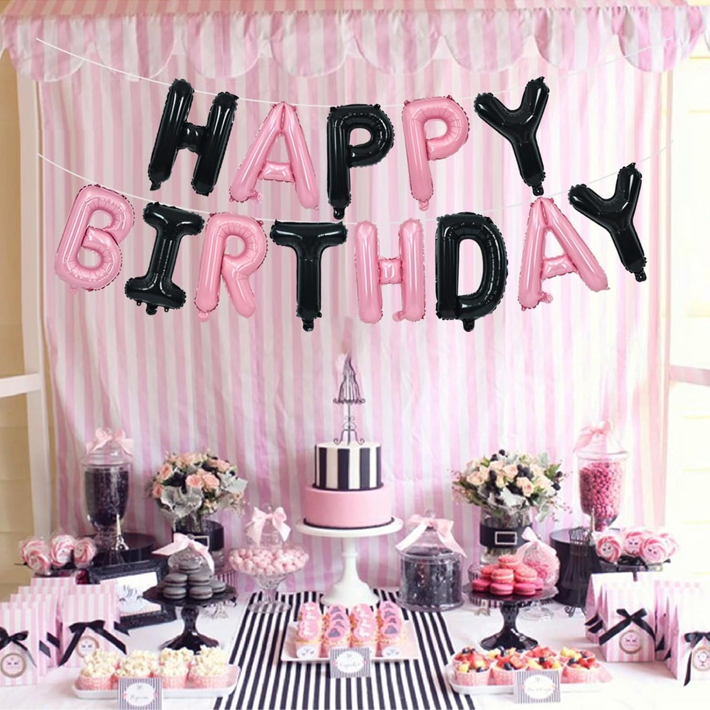 TONIFUL Happy Birthday Balloons Banner 16 Inch Mylar Foil Letters Birthday Sign Reusable for Girls Boys Kids & Adults Birthday Party Decorations Supplies(Black Pink)