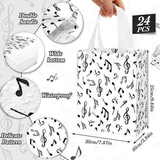 Supervitae 24 Pack Music Theme Gift Bags Medium Black Music Notes Party Favor Bags Musical Reusable Totes Non Woven Goodie Totes for Wedding Birthday Baby Shower Family Travel(9.8" x 7.9" x 3.9")