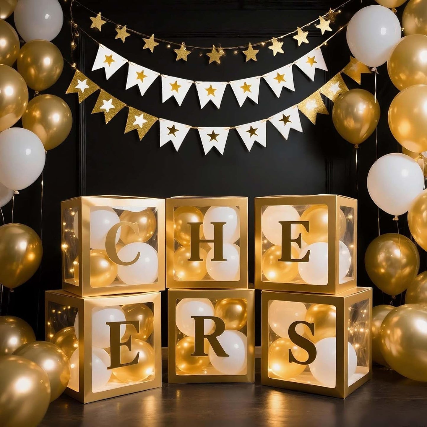 Ledido Transparent Balloon Boxes, Clear Balloon Boxes with 6 Pcs String Lights and 78 Letters for Baby Shower Gender Reveal Birthday Party Anniversary Bridal Wedding Grad Decor - 6 Gold Boxes