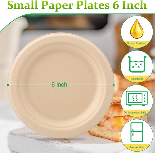 Compostable Disposable Paper Plates - 6 Inch, 100 Pack, Brown, Sturdy, Ideal for Dessert, Cake, Appetizer