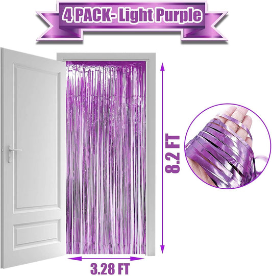 4 Pack Light Purple Foil Fringe Curtain Backdrop, 3.28Ft x 8.2Ft Metallic Tinsel Foil Fringe Streamers Curtains for Party,
