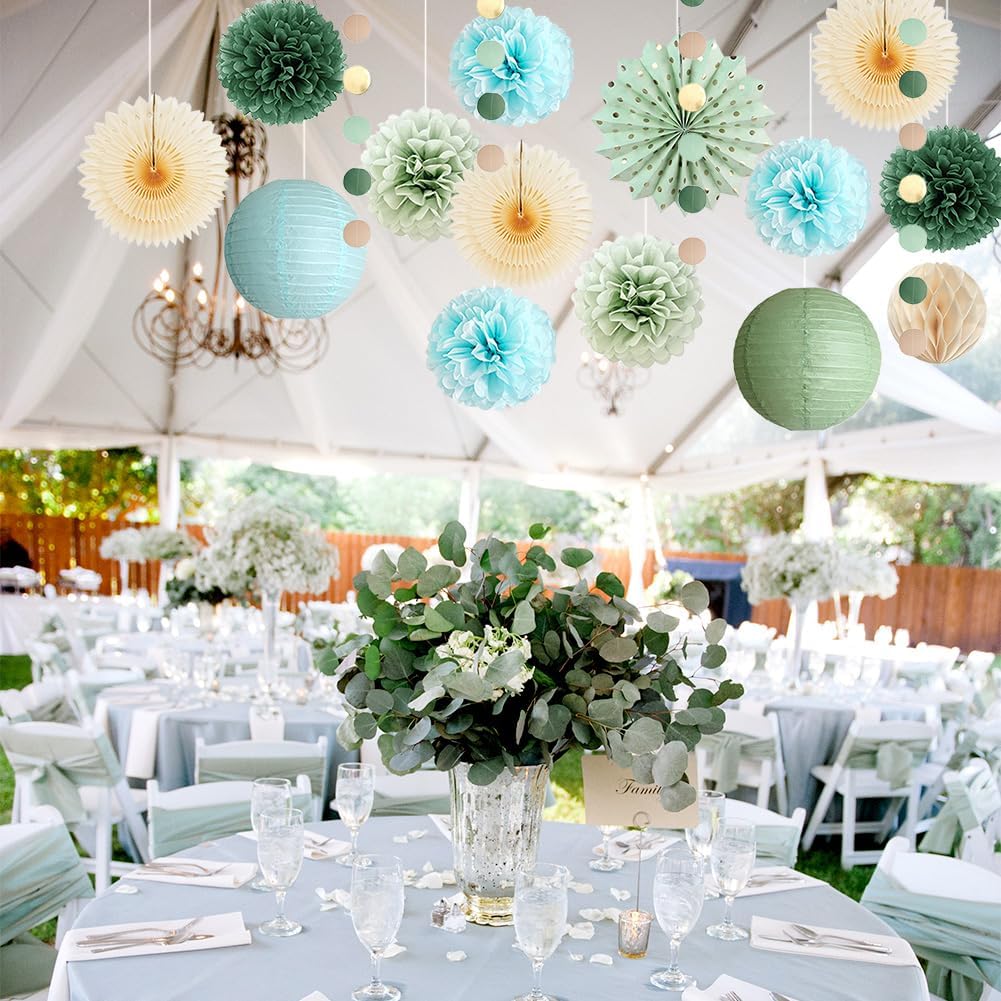Sage Green and Blue Party Decorations Paper Lanterns Light Blue and Sage Green Baby Shower Decorations Beige Paper Fans Olive Pom Poms for Bridal Shower Wedding Engagement Birthday Bachelorette Party