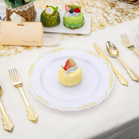 DaYammi 60PCS White and Gold Plastic Plates, Thanksgiving Plates Disposable Heavy Duty Disposable Platos Premium 10inch White Dinner Platos Hard Plastic Plate for Party Wedding Bridal Shower