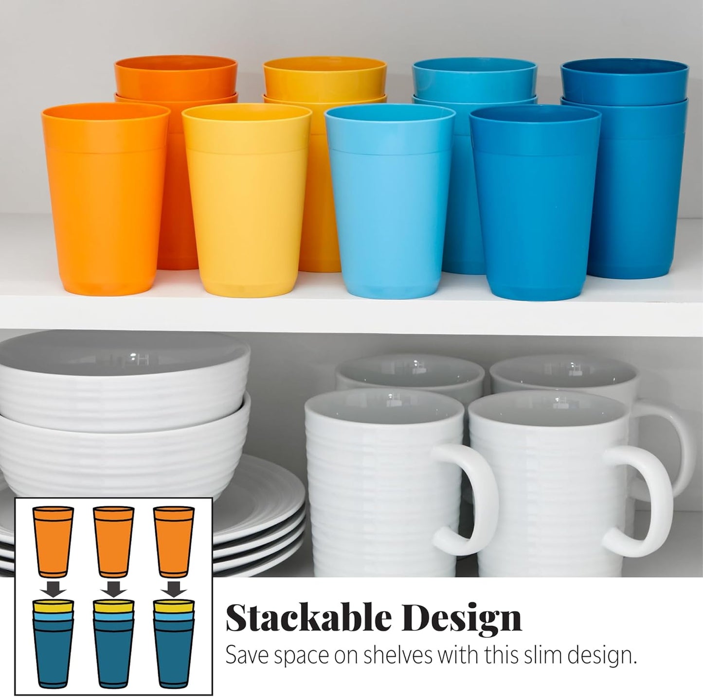 US Acrylic Newport 10 ounce Unbreakable Plastic Stackable Juice Tumblers in 4 Sunrise Colors | Set of 12 Drinking Cups | Reusable, BPA-free, Made in the USA, Top-rack Dishwasher and Microwave Safe
