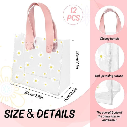 Whaline 12Pcs Daisy Clear PVC Gift Bags with Pink Handle Cute Flower Reusable Transparent Treat Bags for Mother's Day Baby Shower Wedding Birthday Bridesmaid Party Favor