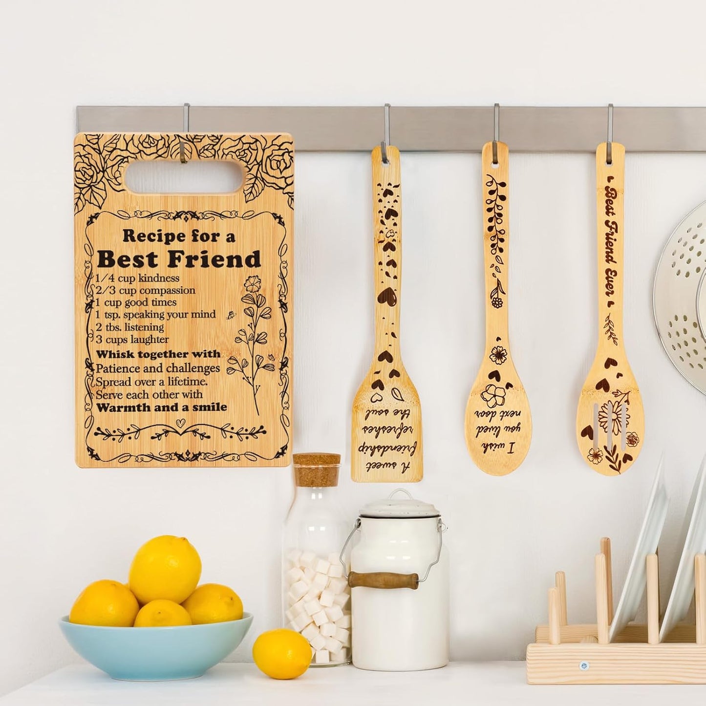 Best Friend Birthday Gifts Cutting Board Set, "Recipe for a Best Friend" Friendship Gifts for Woman Engraved Utensil Friends Gifts for Women Bff Bestie Soul Sister Birthday Mothers Day