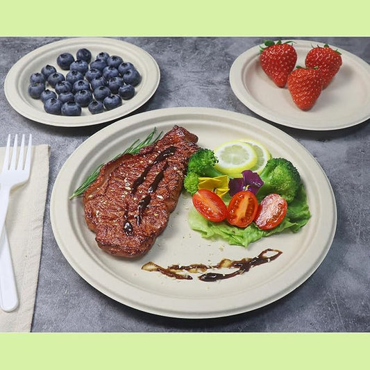 GreenWorks 100 Count 10“ Heavy-duty Compostable Plates, Unbleached Biodegradable Bagasse and Bamboo fiber Paper Plates