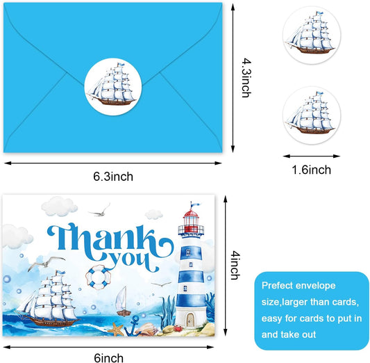 Whaline 24 Pack Nautical Thank You Cards Summer Blue Sea Lighthouse Ship Note Cards with Envelopes Stickers Marine Greeting Blank Cards for Birthday Baby Shower