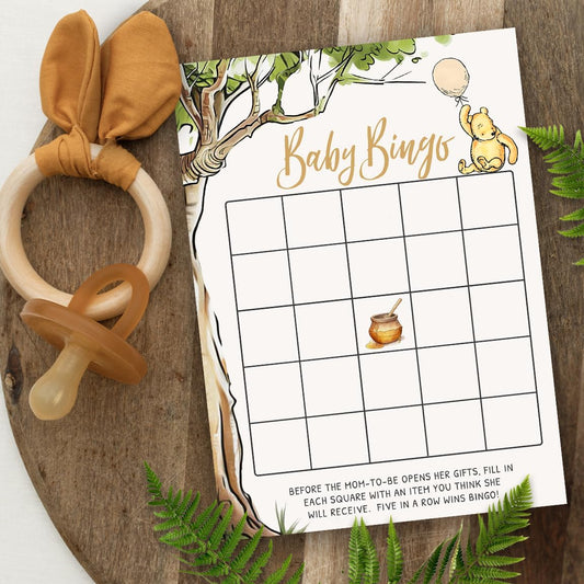 Printed Party Winnie Baby Shower Game Set – 4 Games with Classic Pooh Theme for 30 Guests, Includes Bingo, Mommy-to-be Trivia, Storybook Icon Guessing, and Guess Who, Bear Theme for Boy or Girl