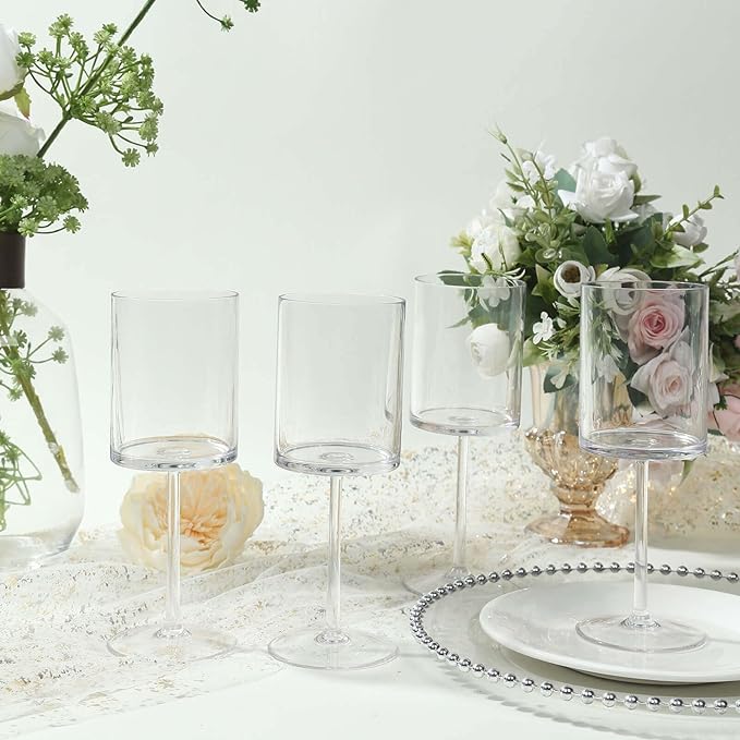 Efavormart 6 Pack Clear Plastic Square Wine Glasses With Long Stem, Shatterproof Reusable Cocktail Glasses - 10oz