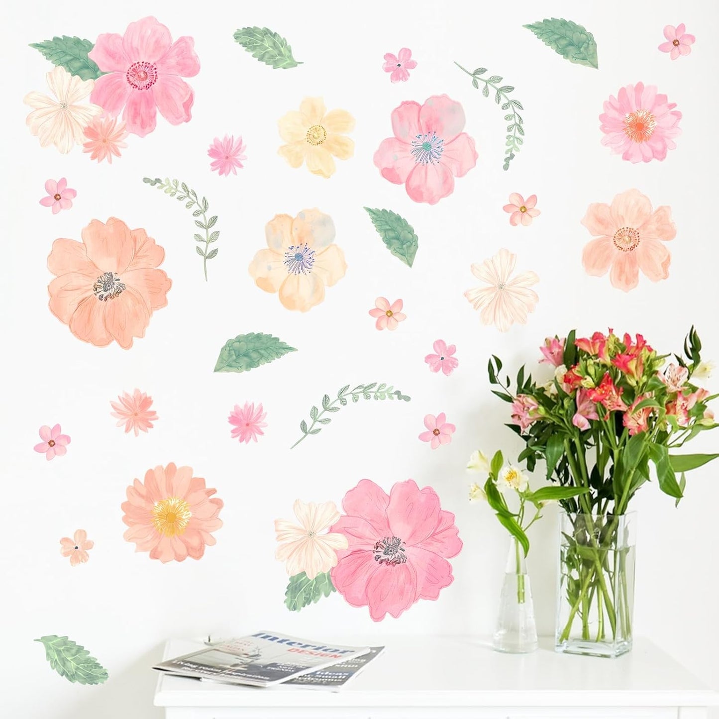 Mfault Watercolor Flower Wall Decals Stickers, Pink Poppy Floral Leaves Decorations Bedroom Art, Botanical Seasonal Home Living Room Kitchen Decor