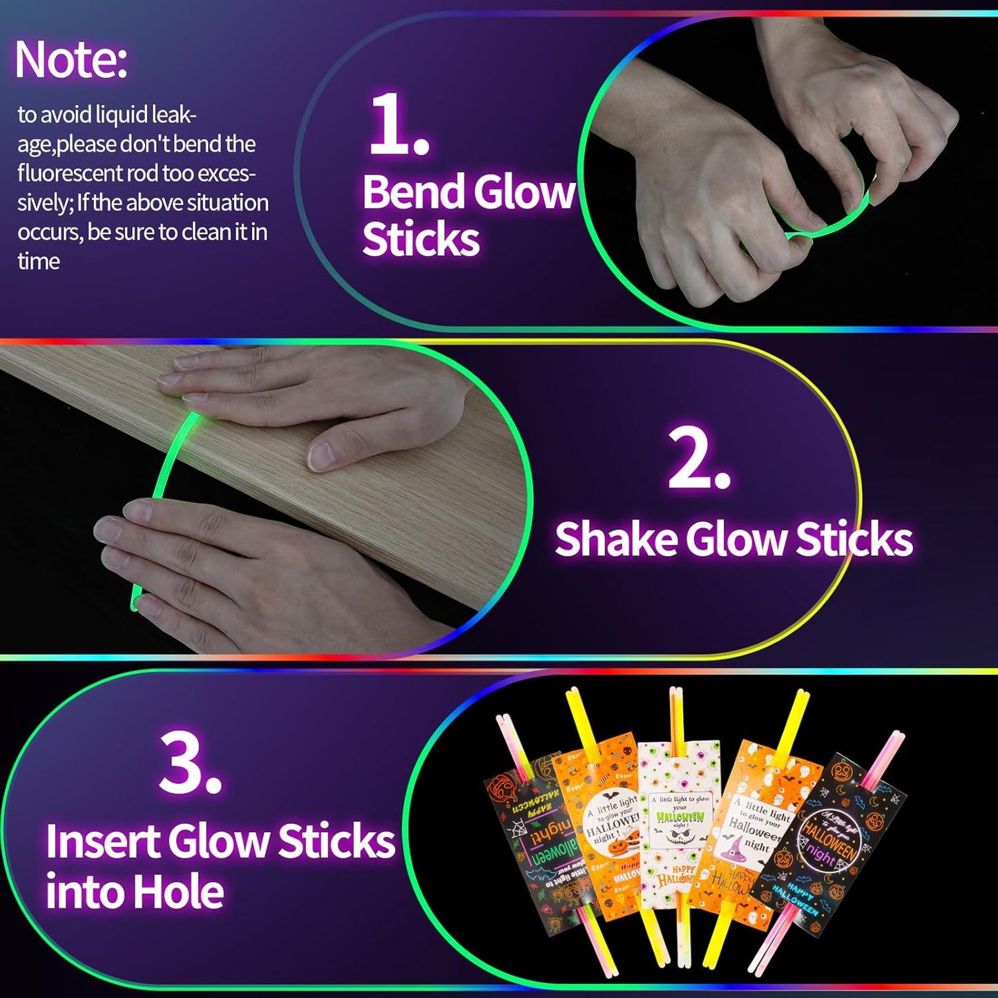 LiYiQ 50 Packs Halloween Gifts Cards with 100 Glow Sticks Let Your Light Shine Cards with Glow Sticks Pumpkin Cards for VBS Sunday School Supplies (Halloween)