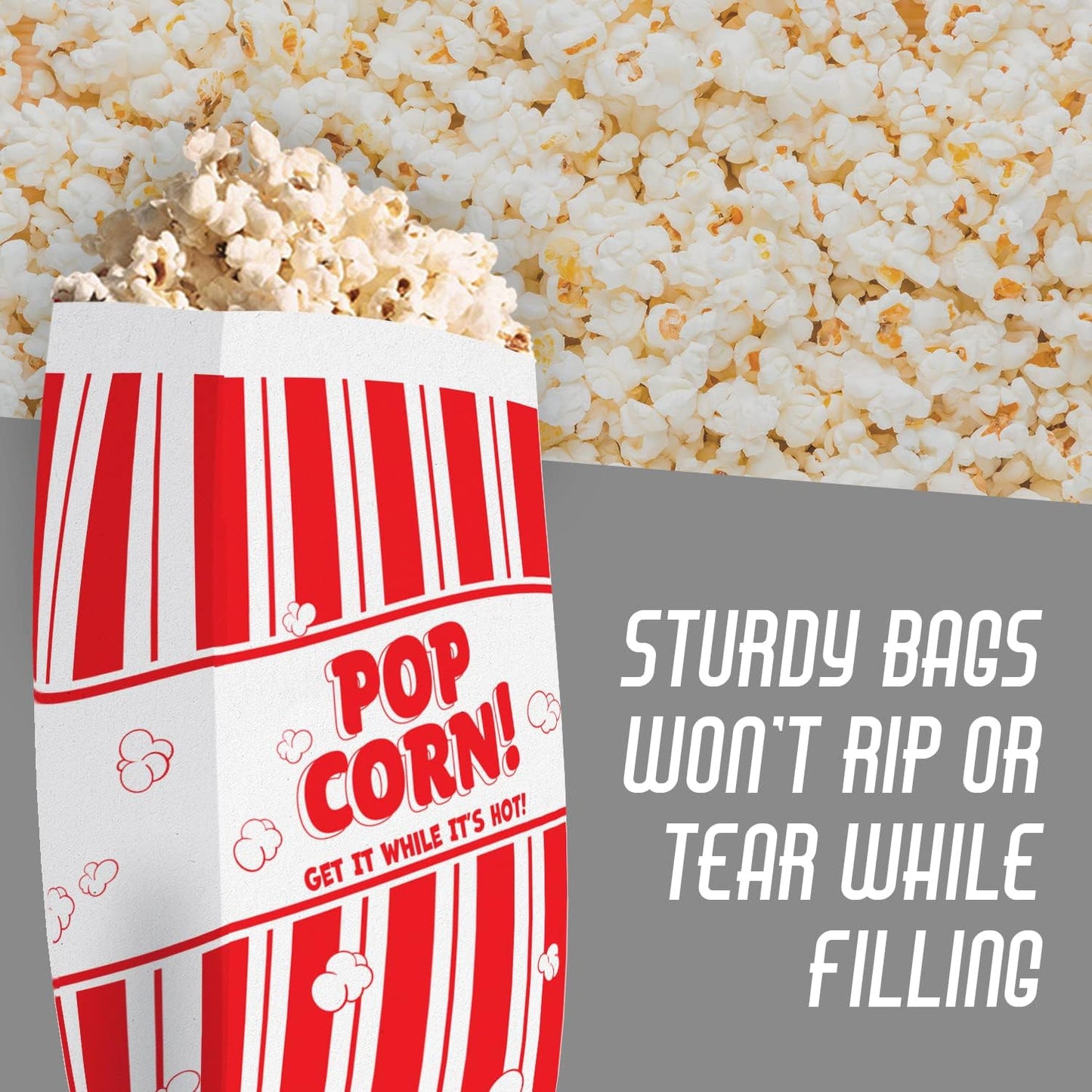 Leak-proof, Grease Resistant Popcorn Bags 1000 Pack. Tear Resistant, Single Serving 2oz Paper Sleeves in Nostalgic Red/White Design. Great Movie Theme Party Supplies, Retro Carnivals & Fundraisers