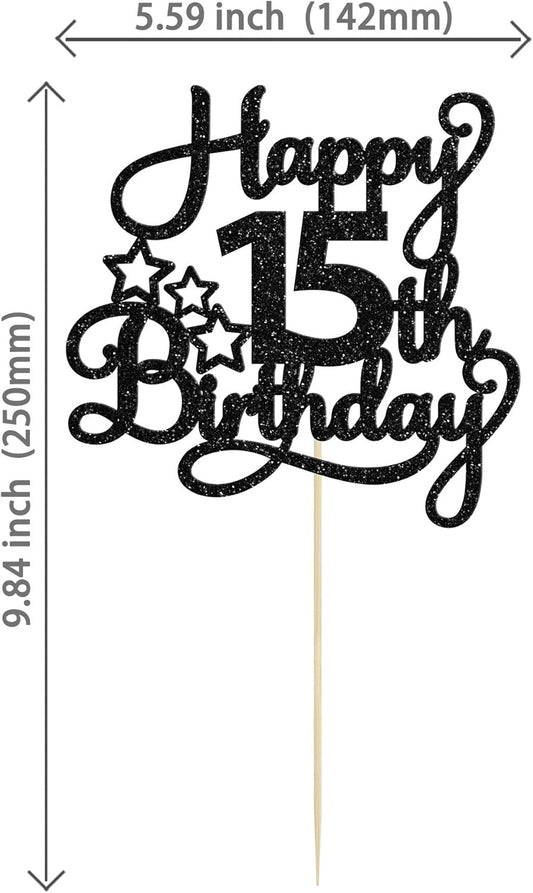 1 Pack Happy 15th Birthday Cake Topper Black Glitter Mis Quince 15 Cheers to 15 Years Old Birthday Cake Pick for Celebrating 15th Birthday Anniversary Party Cake Decorations Supplies