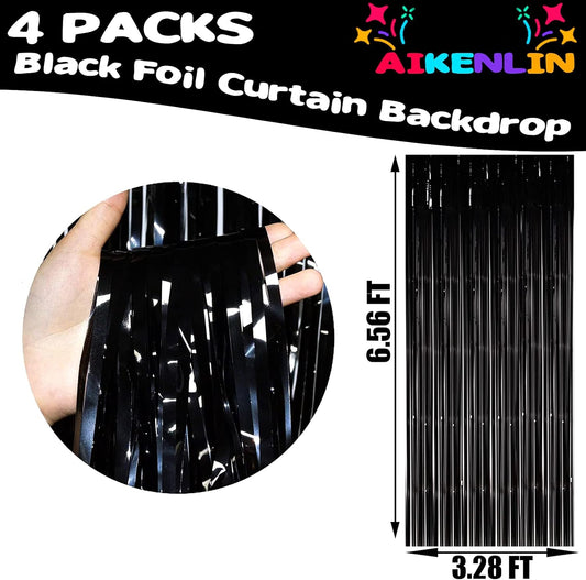 4 Pack 3.3Ft x 6.6Ft Black Foil Fringe Curtain Backdrop, Metallic Tinsel Foil Fringe Streamers Curtains Background for Photo Booth, Birthday, Wedding, Halloween, Christmas Party Decoration