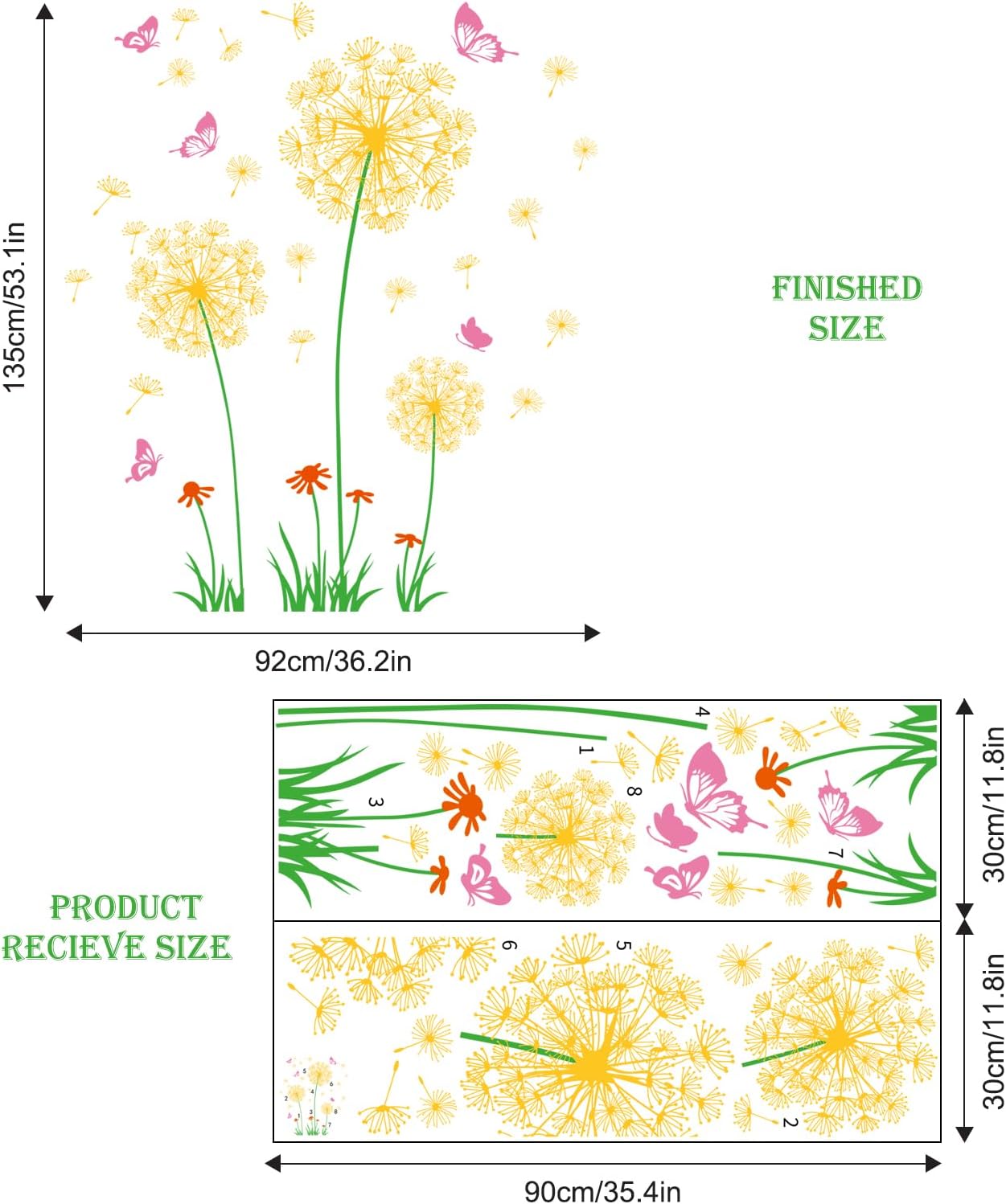 Supzone Yellow Dandelion Wall Stickers Flower Wall Decals Pink Butterflies Wall Decors Wall Art Stickers for Bedroom Living Room Sofa Backdrop TV Wall Decoration