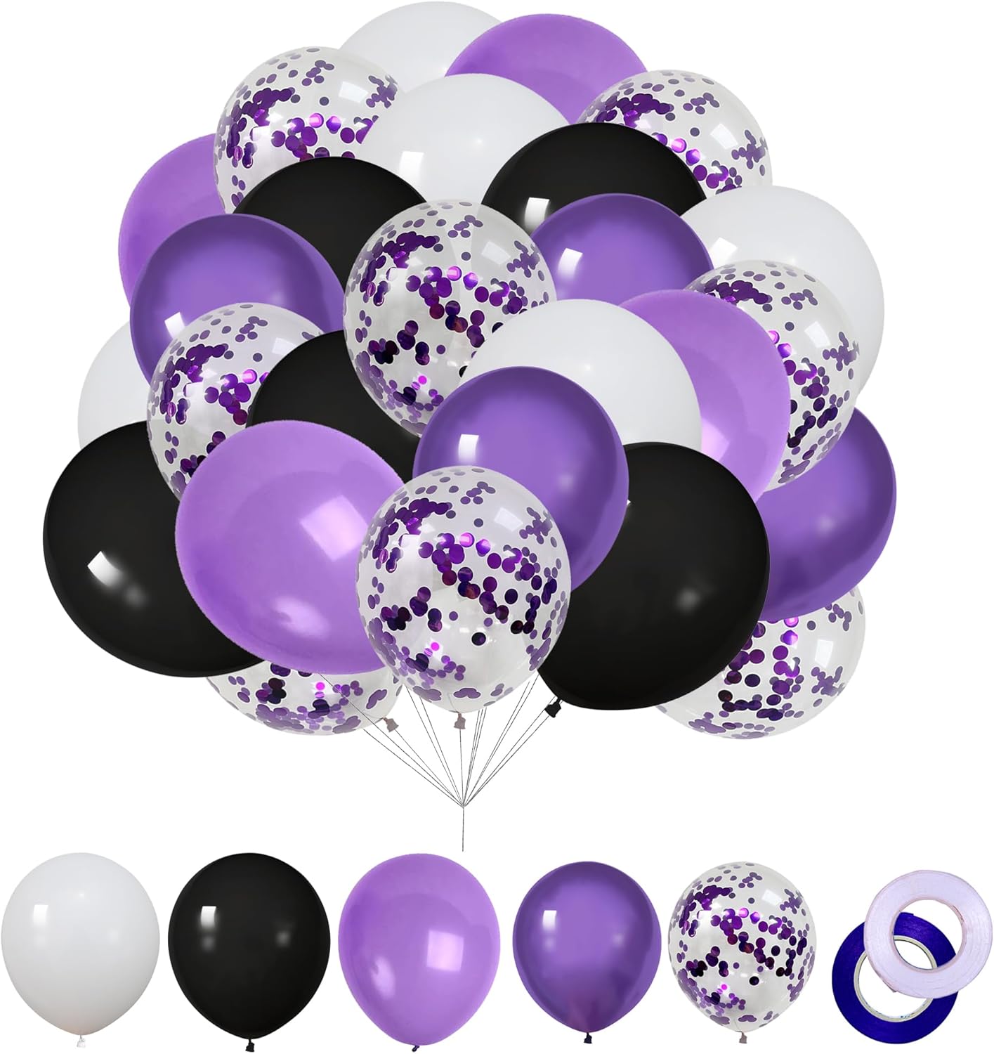62 Pcs 12 Inch Black White Purple Balloons Arch Kit, Matte Black and White Metallic Purple Confetti Party Balloons with Ribbons for Birthday, Wedding, Baby Shower, Graduation Decorations