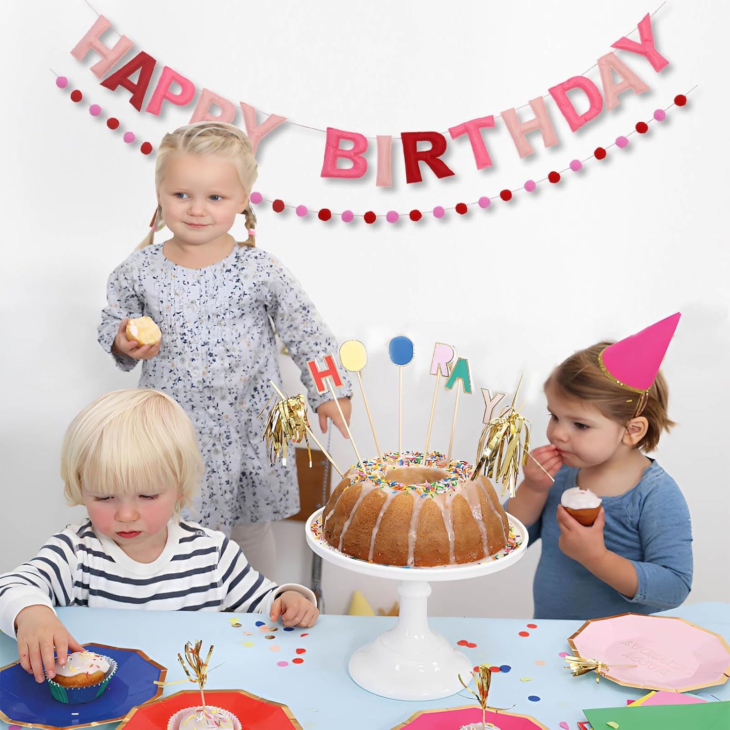 Red Happy Birthday Banner Felt Ball Garland Pre-Strung Happy Birthday Sign for Party Backdrop Decorations Photo Prop