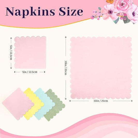 100 Pcs Cocktail Napkins Colorful Napkins with Scalloped Edges 5 x 5 Inch Dinner Napkins Disposable Thick Paper for Wedding Dinner Birthday Party - Assorted Colors Pink Green Yellow Blue
