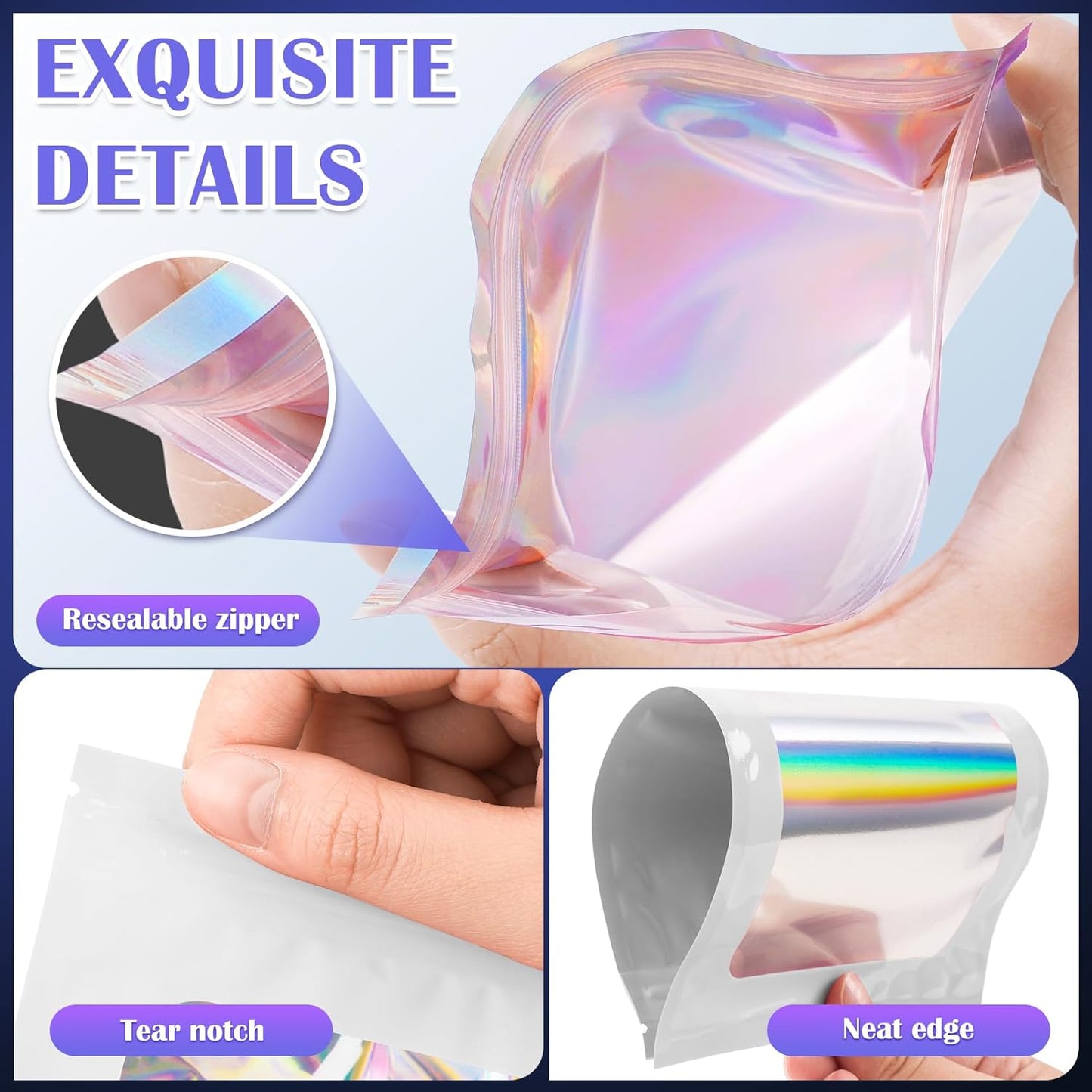 Mylar Bags, 100 PCS Holographic Bags, White Smell Proof Bag with Front Window, Small Business Packaging Supplies, Resealable Bag for Food Storage, Bracelets, Jewelry, Sample (5.5x7.9in)