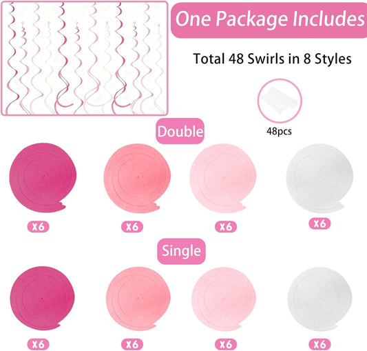 48 Pcs Pink Hanging Swirl Party Decorations Hot Pink Felt Ceiling Spiral Streamers with Hooks for Birthday Bachelorette Wedding Bridal Shower Engagement Party Swirl Decorations