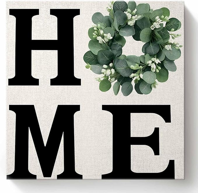 Canvas Wall Art Home Green Eucalyptus Leaves Garland,Oil Painting Prints Artworks Picture Stretched and Framed, Retro Linen Wall Decor for Living Room/Bedroom/Kitchen/Bathroom 12x12IN