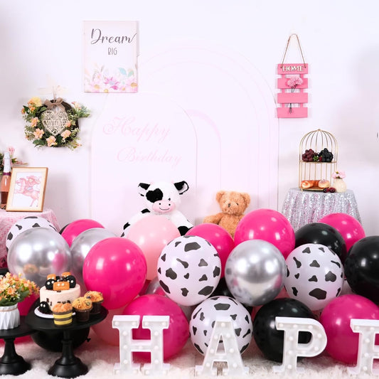 Paready Cow Balloons Set, 60Pcs Pink Black Cow Print Balloons, 12 Inch Metallic Silver Pastel Hot Pink Balloon for Kids Girl Birthday Baby Shower Farm Animals Themed Party Decorations