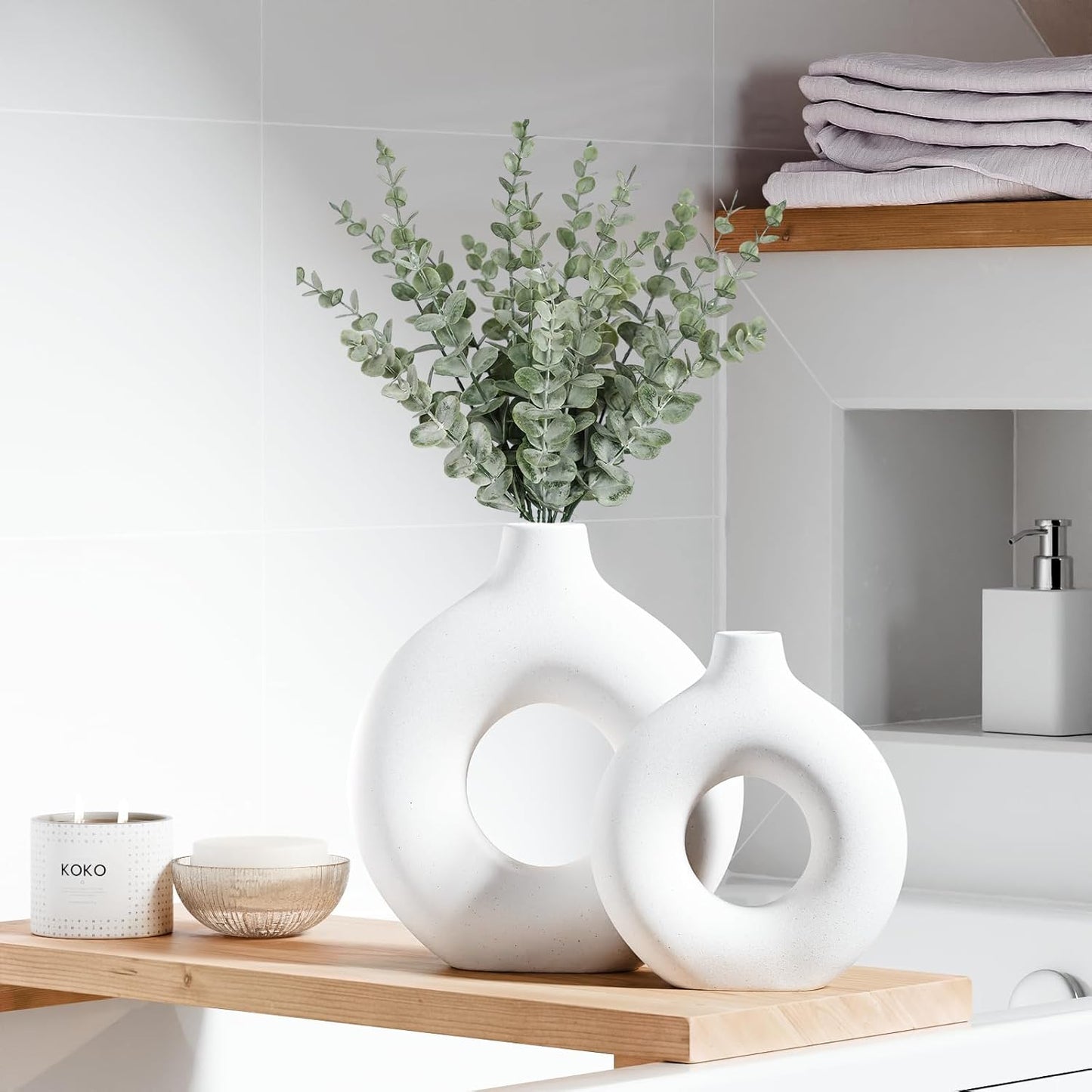 White Ceramic Vases for Decor, Home Decor Ceramic Vase Set of 2, Nordic Room Decorations Vases, Minimalist Decorative Vase for Table Centerpiece Wedding Dining Living Room Office House Decoration