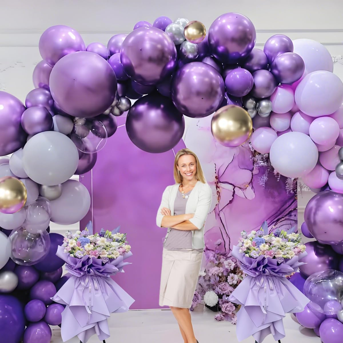 Purple and Gold Balloons Arch Kit, 166Pcs Dark Purple Metallic Lavender Lilac Violet Gold Chrome Balloons for Baby Shower Girl Princess Party Wedding Decorations