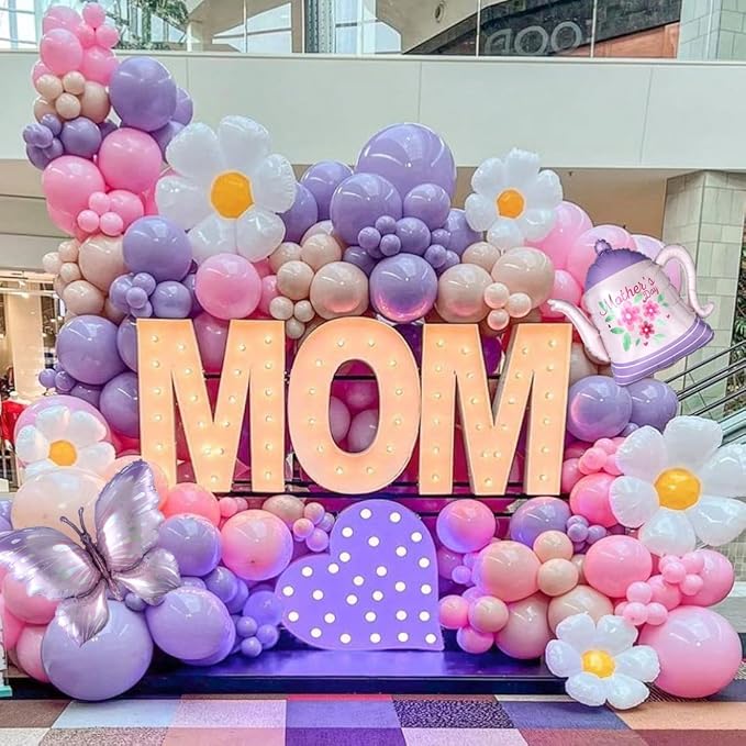 Mother's Day Balloon Garland Arch kit Purple Pink Nude Balloons Daisy Butterfly Foil Balloons for Best Mom Ever Mothers Day Party Birthday Decoration Supplies