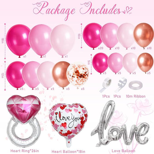 Valentines Day Balloon Arch Kit, Pink Rose Red Rose Gold Balloon Garland & I LOVE YOU/Love/Diamond Ring Foil Balloons for Galentines Mothers Day Wedding Engagement Anniversary Party Decorations