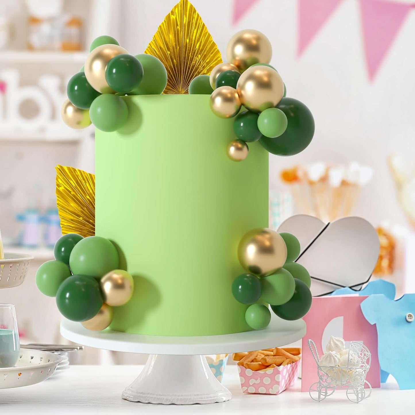 NEBURORA 64 Pcs Balls Cake Toppers and Leaves Decoration Set Mini Balloons for Cake Decorating Supplies Balls Cake decorations for Baby Shower Cake Toppers Birthday Cake Decorations (Green Gold)