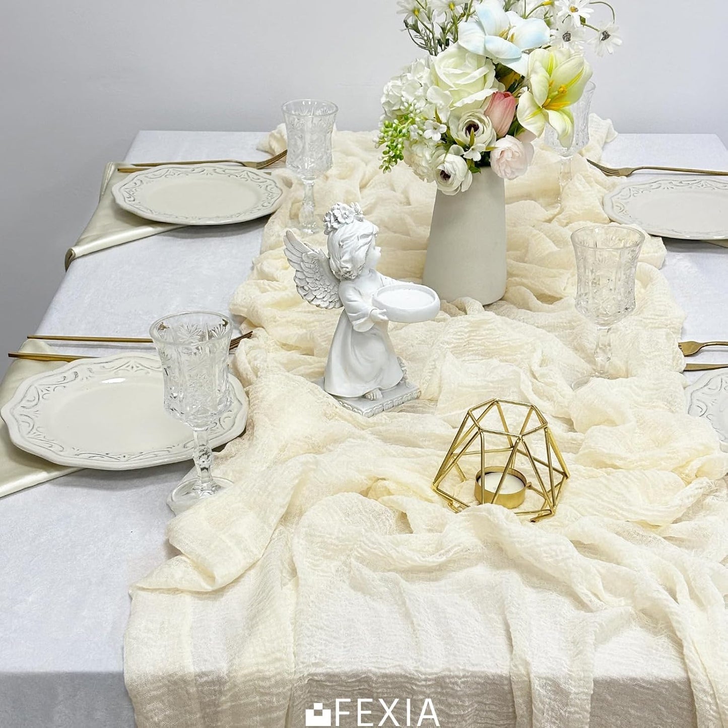 FEXIA 3 Pack Beige Table Runner 30x118 Inches Ivory Cheesecloth Rustic Boho Gauze for Wedding Baby Shower Bridal Shower First Communion Home Decorations