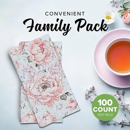 SimuLinen Pink Garden - Disposable Paper Towels for Bathroom, Guest Hand Towels, Cloth-Like Linen-Feel, Single-Use, Size 12x17" - 100ct (Made in Germany)