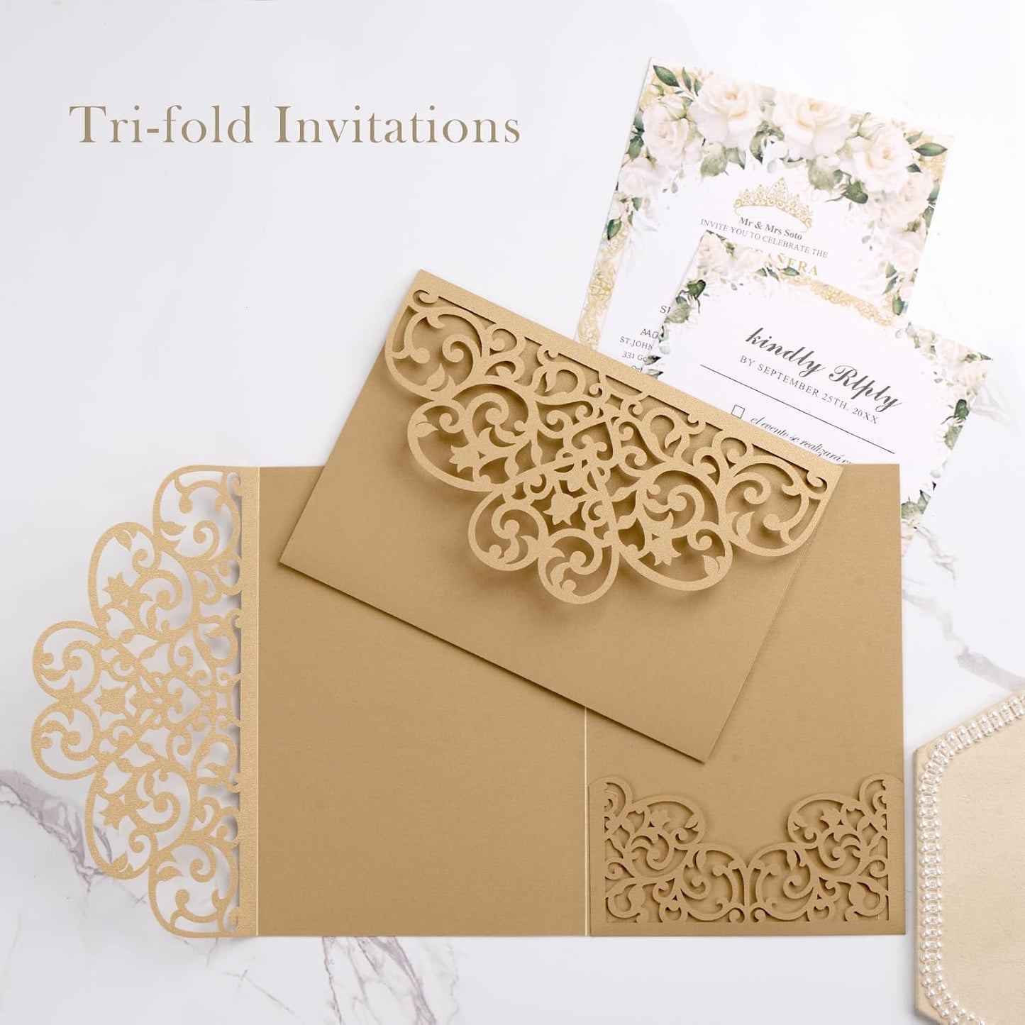 50Pcs Personalized Wedding Invitations Gold Laser Cut Invitation Kits with Envelopes and RSVP Cards For Wedding Baby Shower Birthday Quinceanera Invitation