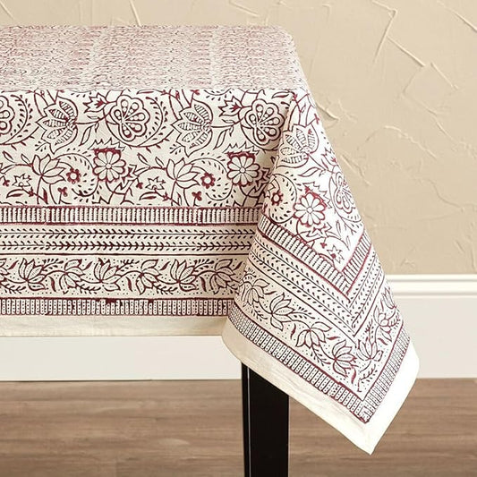 Block Print Cotton Dining Table Cloth, 90" x 60", Rectangle Tablecloth, Decorative Fabric Table Cover, Holidays, Thanksgiving, Christmas, Weddings, Housewarming Gift (Beige Red Floral)