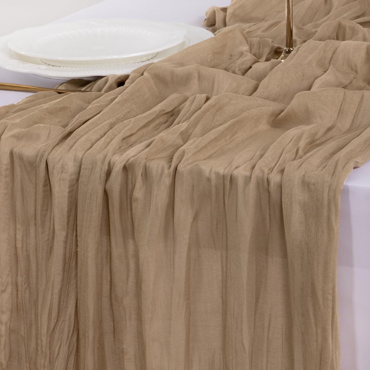 Socomi 6pcs Nude Brown Cheesecloth Table Runner Fall Thanksgiving Boho Rustic Gauze 120 inch 10FT Cheese Cloth Runner for Wedding Party Baby Shower Birthday Home Decor Holiday Decorations