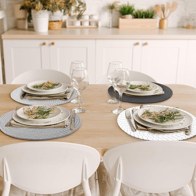 Kochorie Set of 8 Round Woven Cotton Placemats, 13 Inch Boho Table Mats for Kitchen and Dining Table, Farmhouse Heat Resistant Washable Trivets, Fall Thanksgiving Christmas Décor (Mixed Gray)