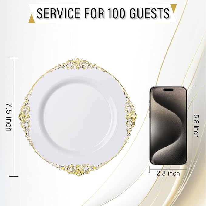 Nervure 100Pcs White and Gold Plastic Plates - 7.5inch Gold Disposable Plates - Heavyweight Plastic Dessert Plate for Wedding & Party