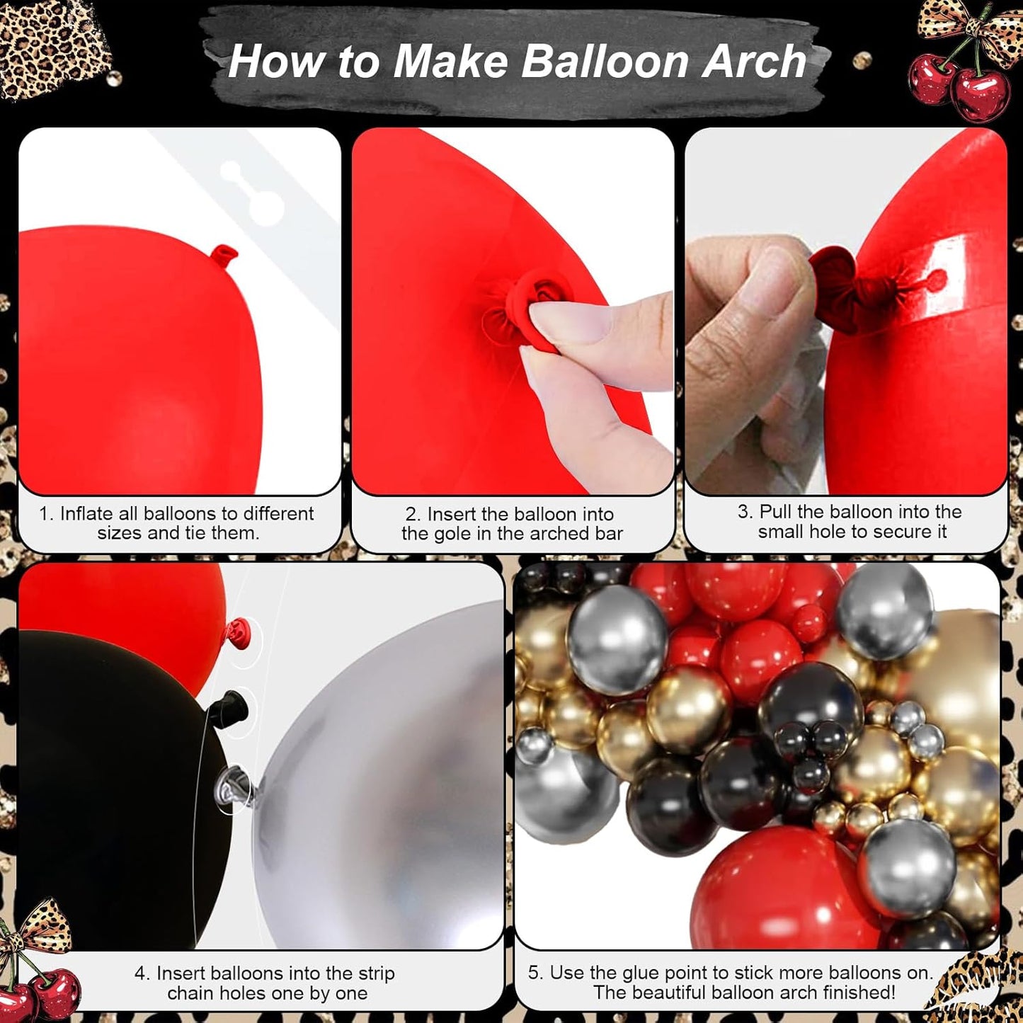 Red Black Gold Balloon Arch Garland Kit Leopard Cheetah Print Party Balloons Black Red Metallic Silver Gold Explosion Star Balloon for Girl Night Bachelorette New Year Casino Birthday Party Decoration