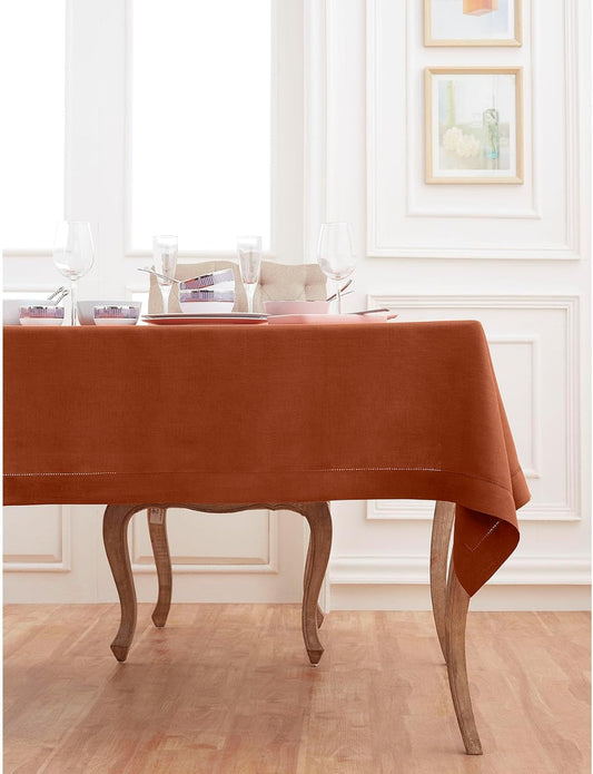 Solino Home Linen Cinnamon Tablecloth 60 x 144 Inch - Classic Hemstitch, 100% Pure Linen Rectangular Tablecloth - Machine Washable Table Cloth for Fall, Autumn, Halloween, Thanksgiving