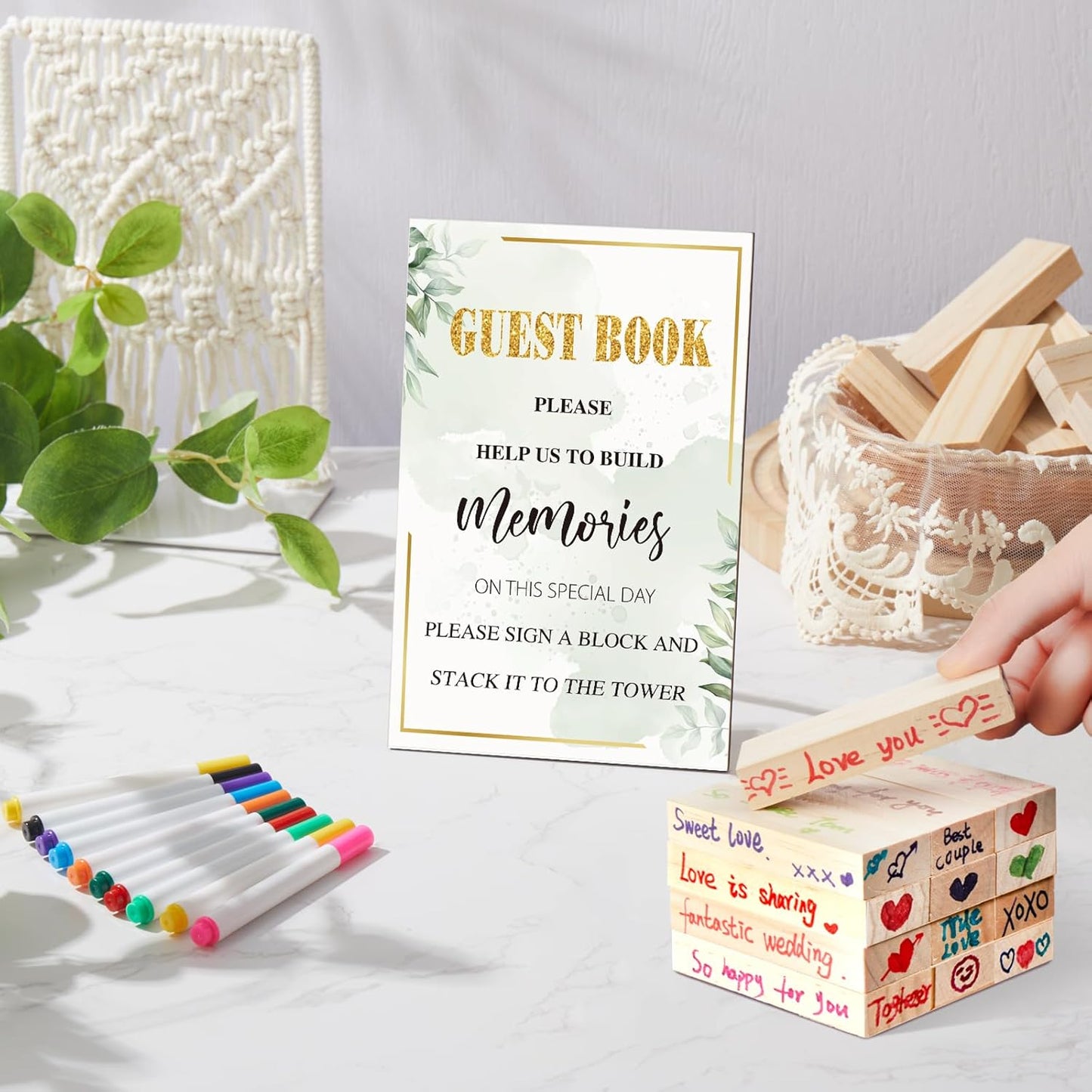 80 Pcs Wedding Guest Book Alternative Wooden Block Guest Book for Wedding Sign in Bridal Shower Decoration Wooden Block Bridal Shower Game for Sign in, Reception(Greenery)