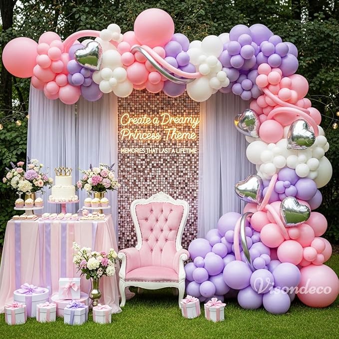 Pink and Purple Balloon Arch Kit - Purple and Pink Balloons Garland with Silver Heart Foil for Girls Birthday Party, Baby Shower, Wedding, Bridal Shower, and Princess Theme Decorations