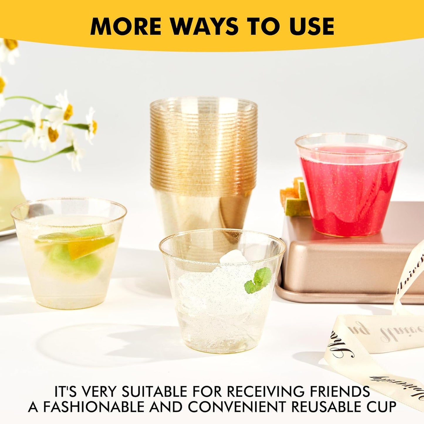 RACETOP 100 Pack 9 oz Gold Plastic Cups Tumbler, Disposable Cups with Gold Glitter for Party, Heavy-duty Clear Plastic Wine Glasses, Disposable Wedding Cups
