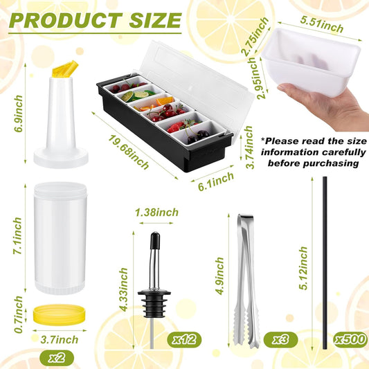 Mifoci Garnish Tray with Lid Bar Caddy 3 Tier Glass Rimmer 12 Stainless Steel Bottle Pourers 2 Plastic Juice Pour Bottles 1000 Count Cocktail Straws 3 Serving Tongs(6 Compartments,Plastic)